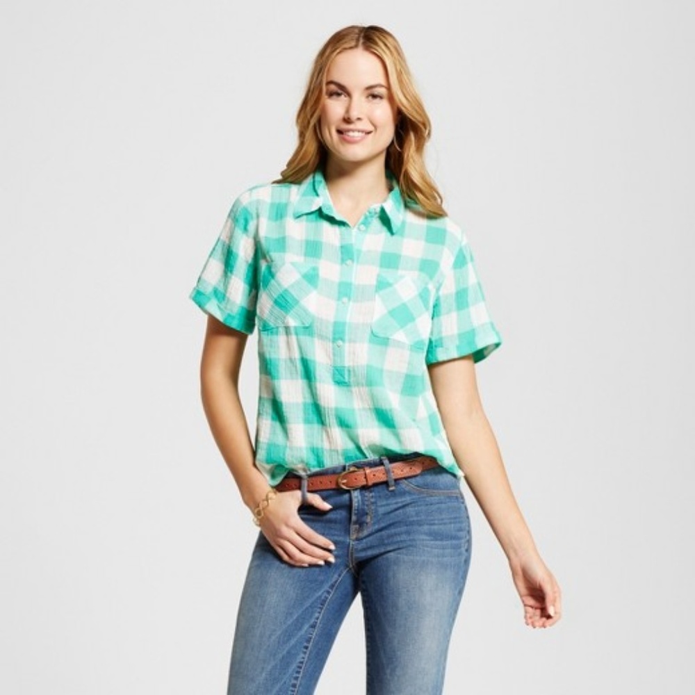 NEW Gingham Plaid Short Sleeve Popover Shirt [A1] - Picture 7 of 7